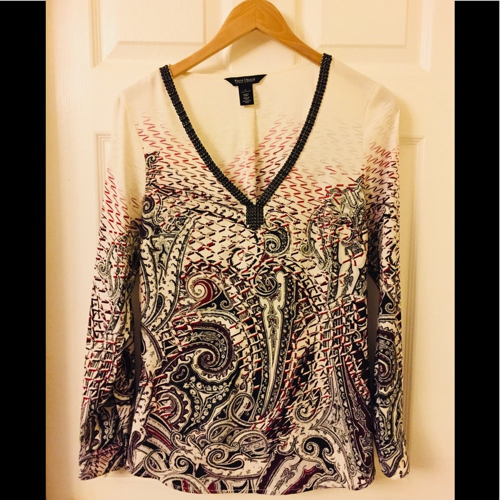 WHBM | Long Sleeve V-Neck Top w/ Beadwork | size 6